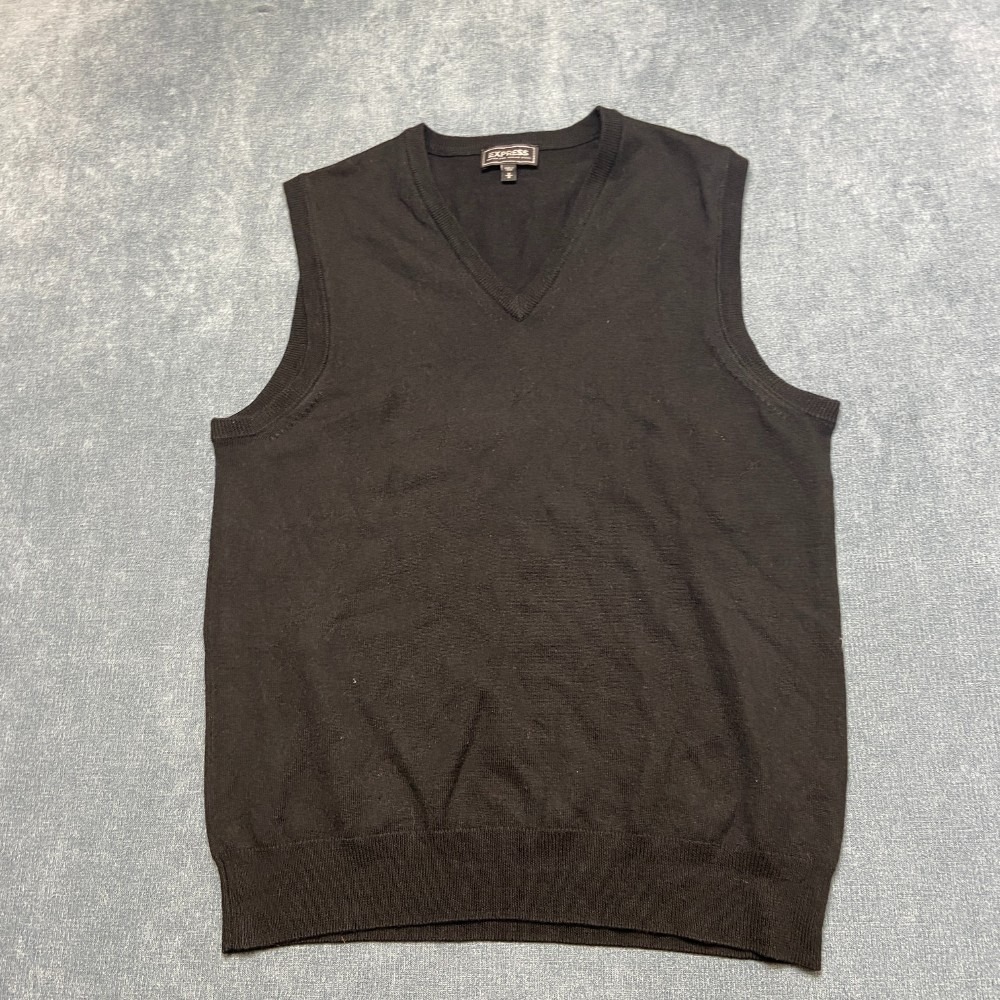 Express Extra Fine Merino Wool Sweater Vest Mens Medium Black V Neck Ribbed Hem